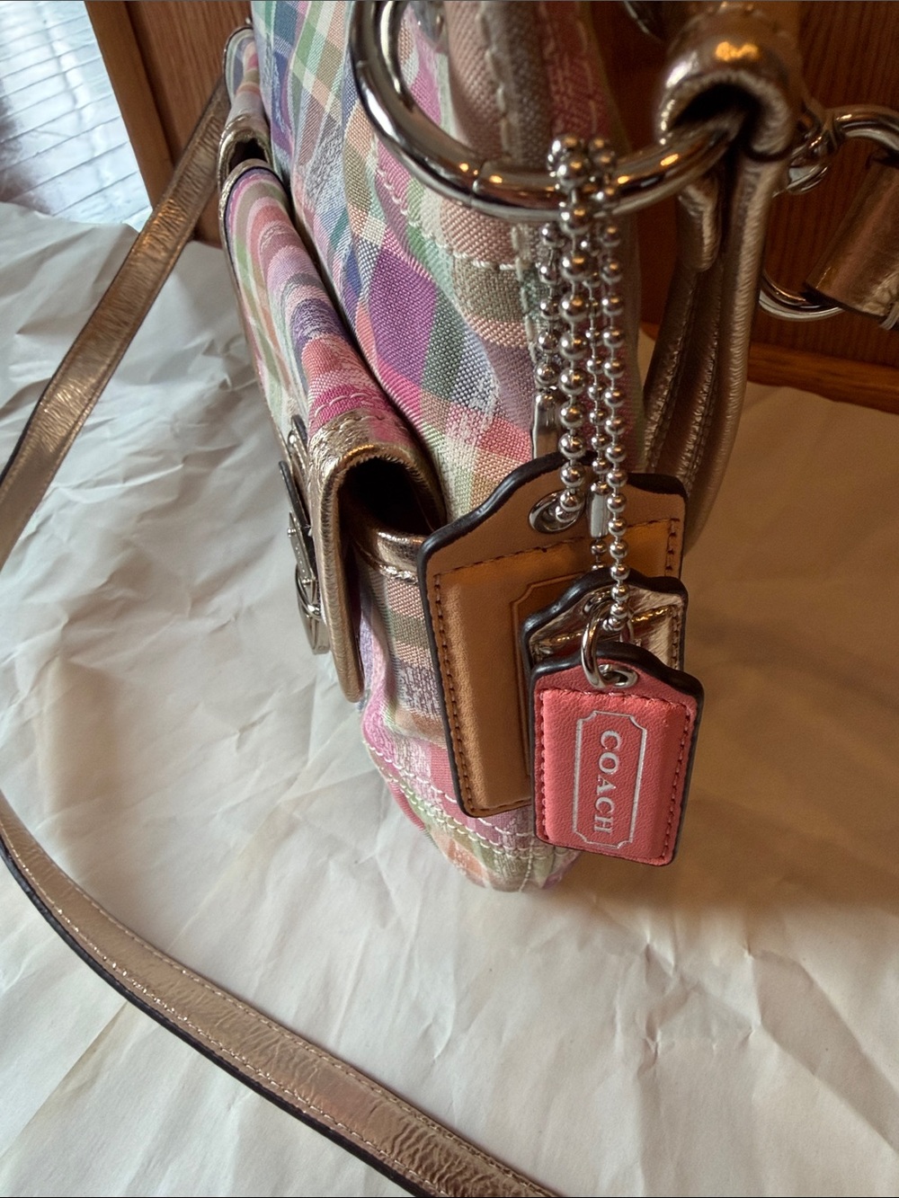 3 piece Coach Metallic Trim Plaid Crossbody Set in Pastel Multicolor - Picture 4 of 14
